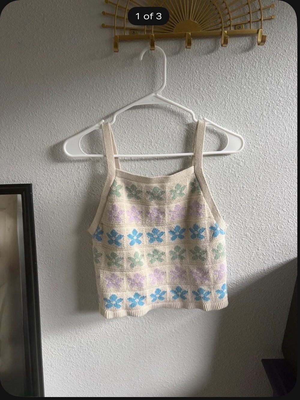 Cream Floral Crochet Knit Square-Neck Tank Top